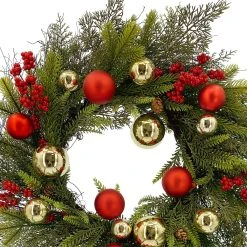 Hot Sale 🔥 24" Red & Gold Ornament, Mixed Pine & Berry Wreath by Ashland® ⭐ -Ashlandty Shop 10674829 2