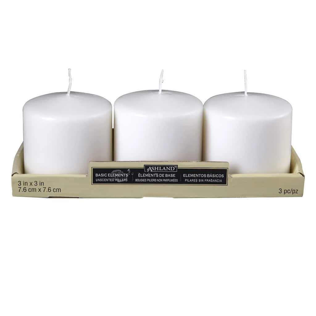 Cheap π 12 Packs: 3 ct. (36 total) Basic Elements™ White Pillar Candles by Ashland® β¨ 3 Cheap π 12 Packs: 3 ct. (36 total) Basic Elements™ White Pillar Candles by Ashland® β¨